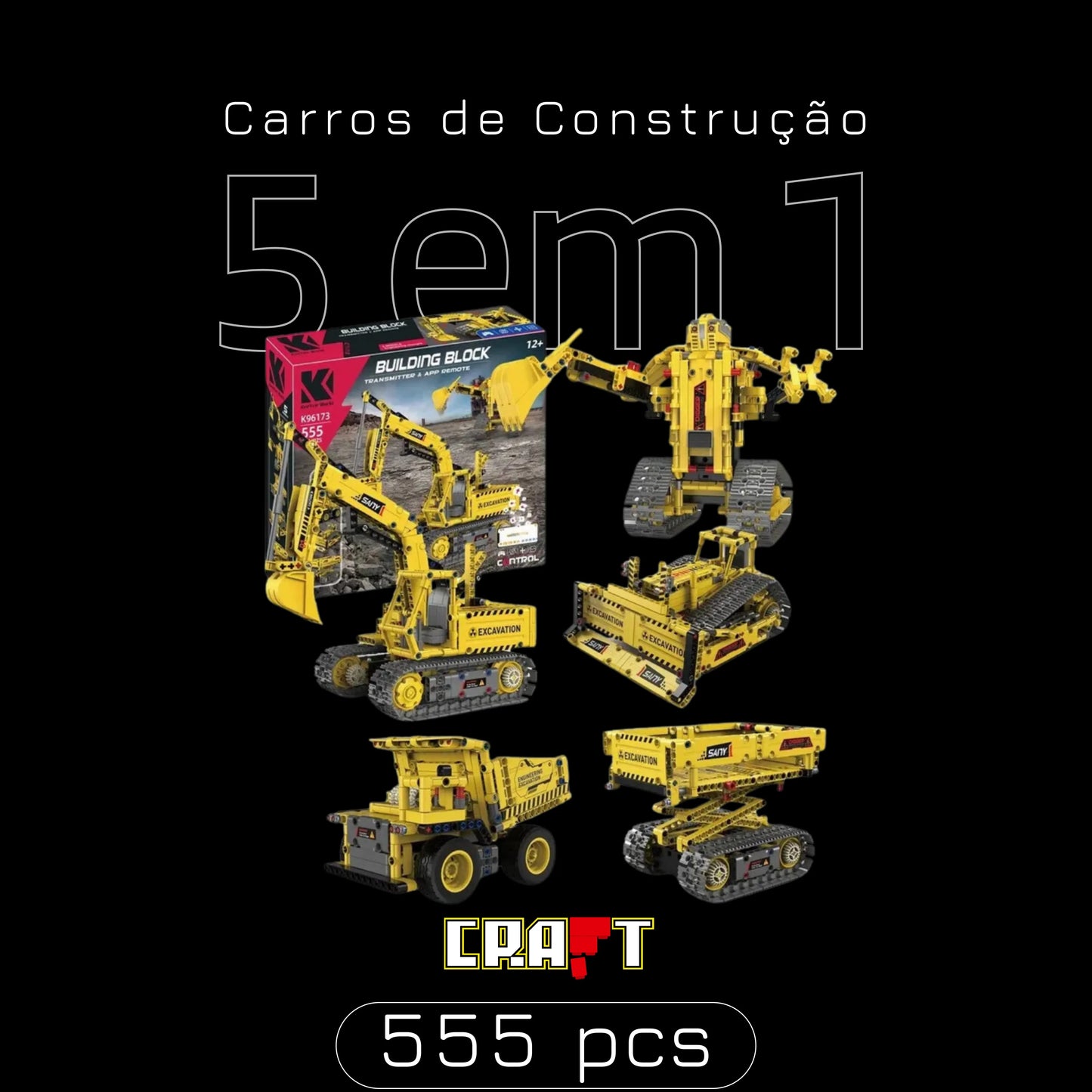 5 Carros de Construção Motorizados em 1 (555 peças) - Brics Craft