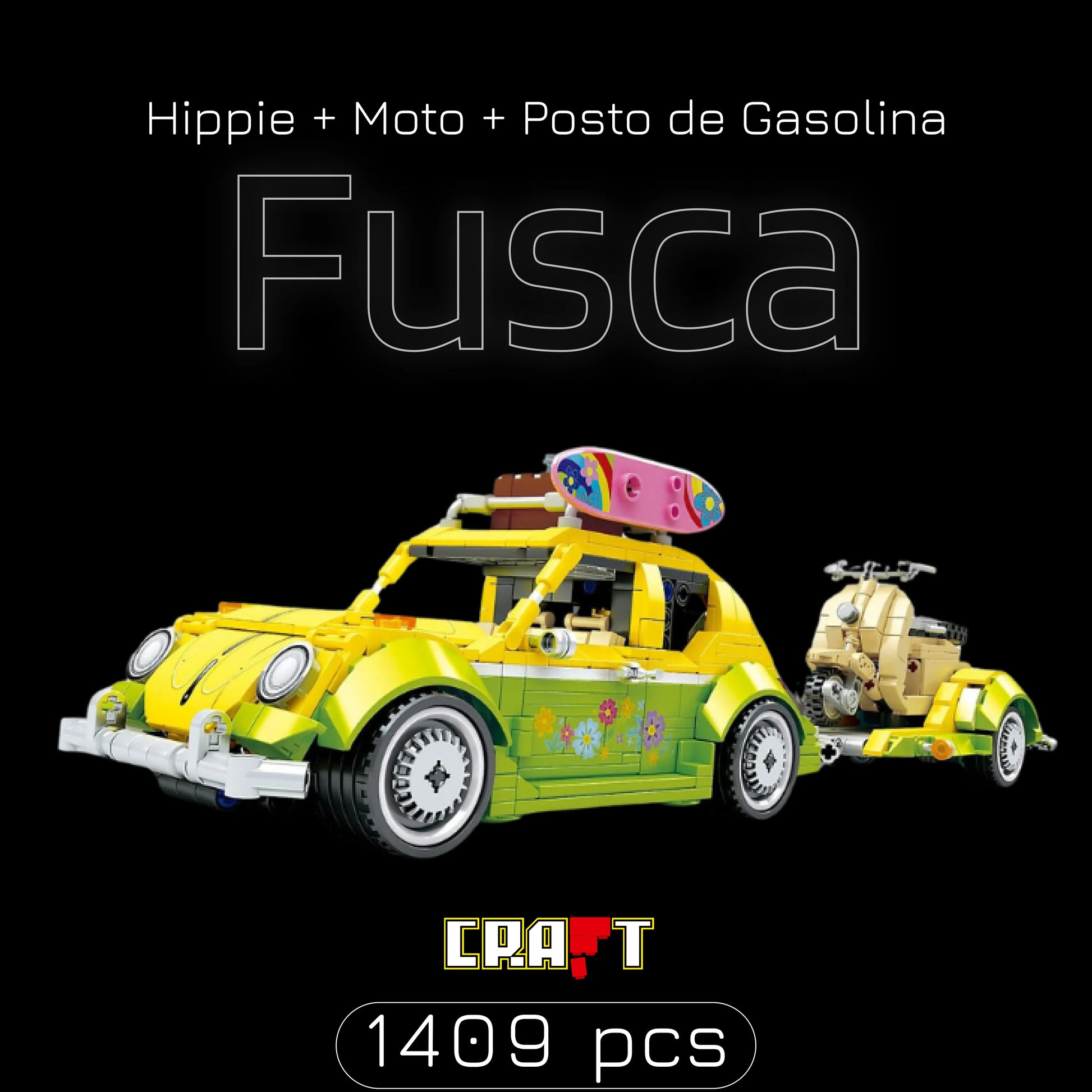 Fusca Hippie + Moto + Posto de Gasolina (1409 pçs) - Brics Craft