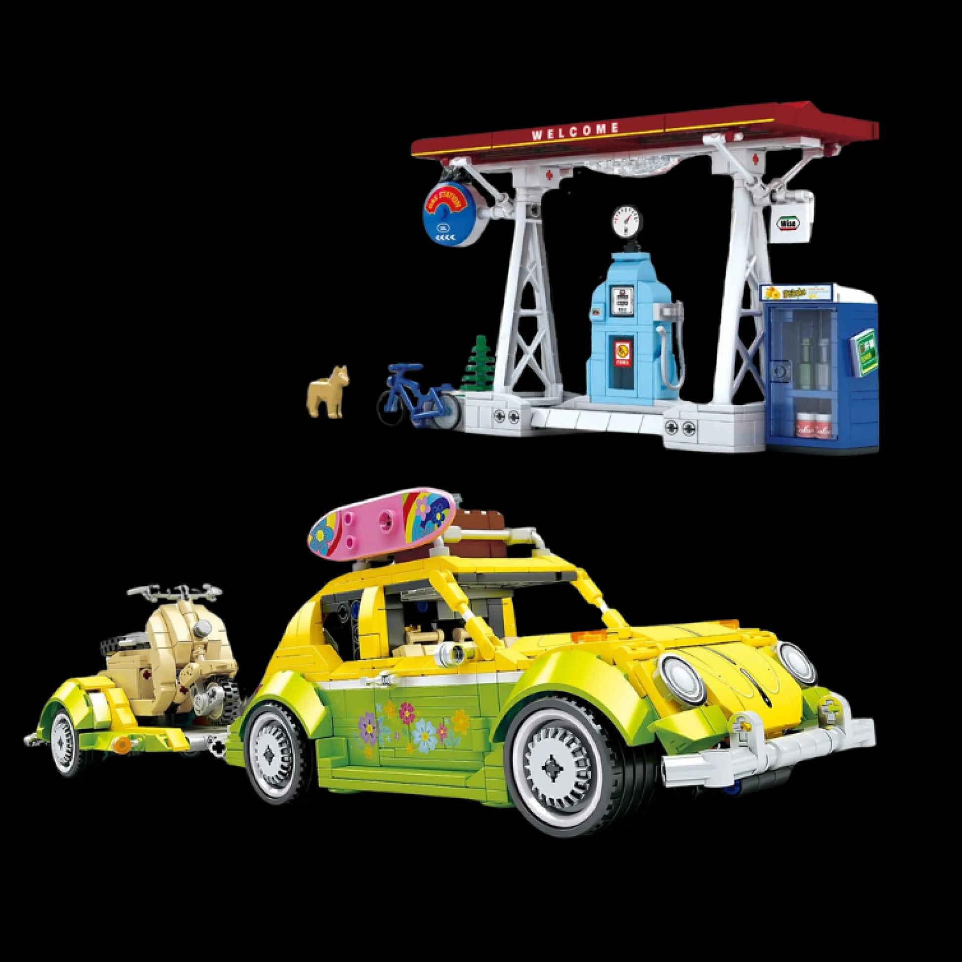 Fusca Hippie + Moto + Posto de Gasolina (1409 pçs) - Brics Craft