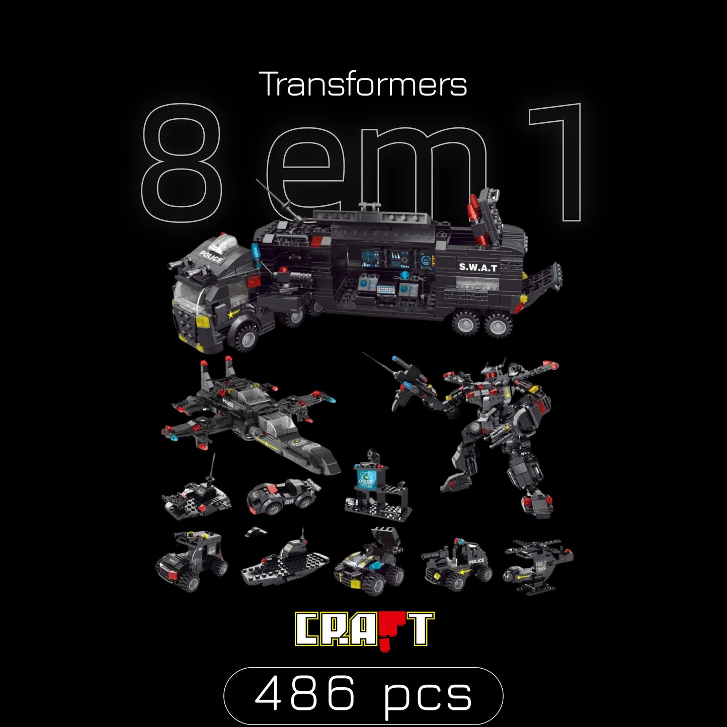 Transformers, Helicóptero e Caminhão - 8 Brinquedos em 1 (486 pçs) - Brics Craft