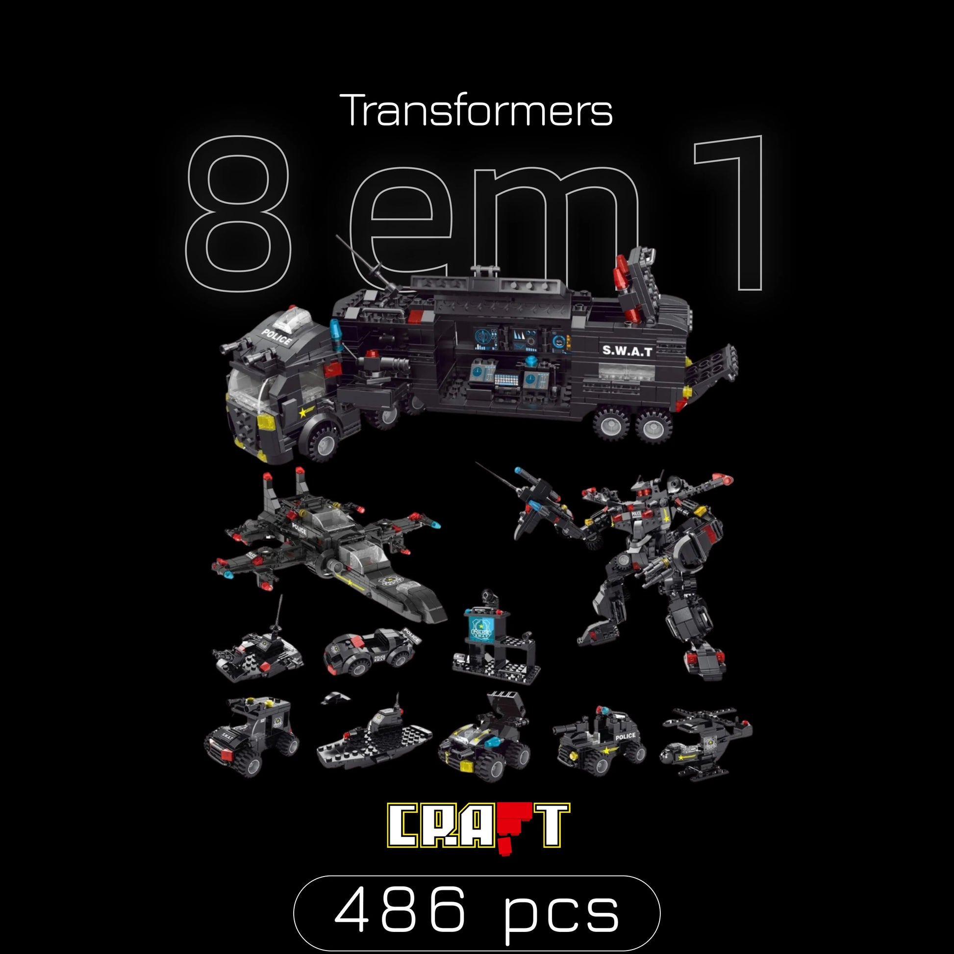 Transformers, Helicóptero e Caminhão - 8 Brinquedos em 1 (486 pçs) - Brics Craft